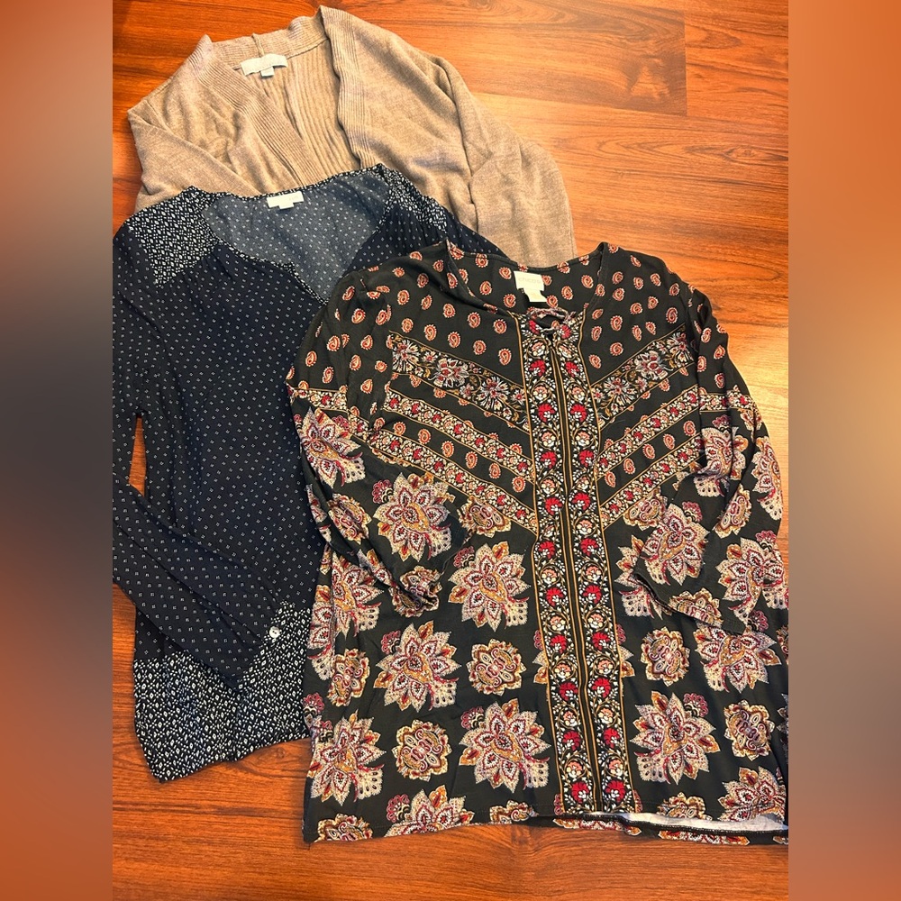Blouse lot of 2 and 1 open cardigan Chicos 2  j Jill mp Carolyn Taylor Sz l work